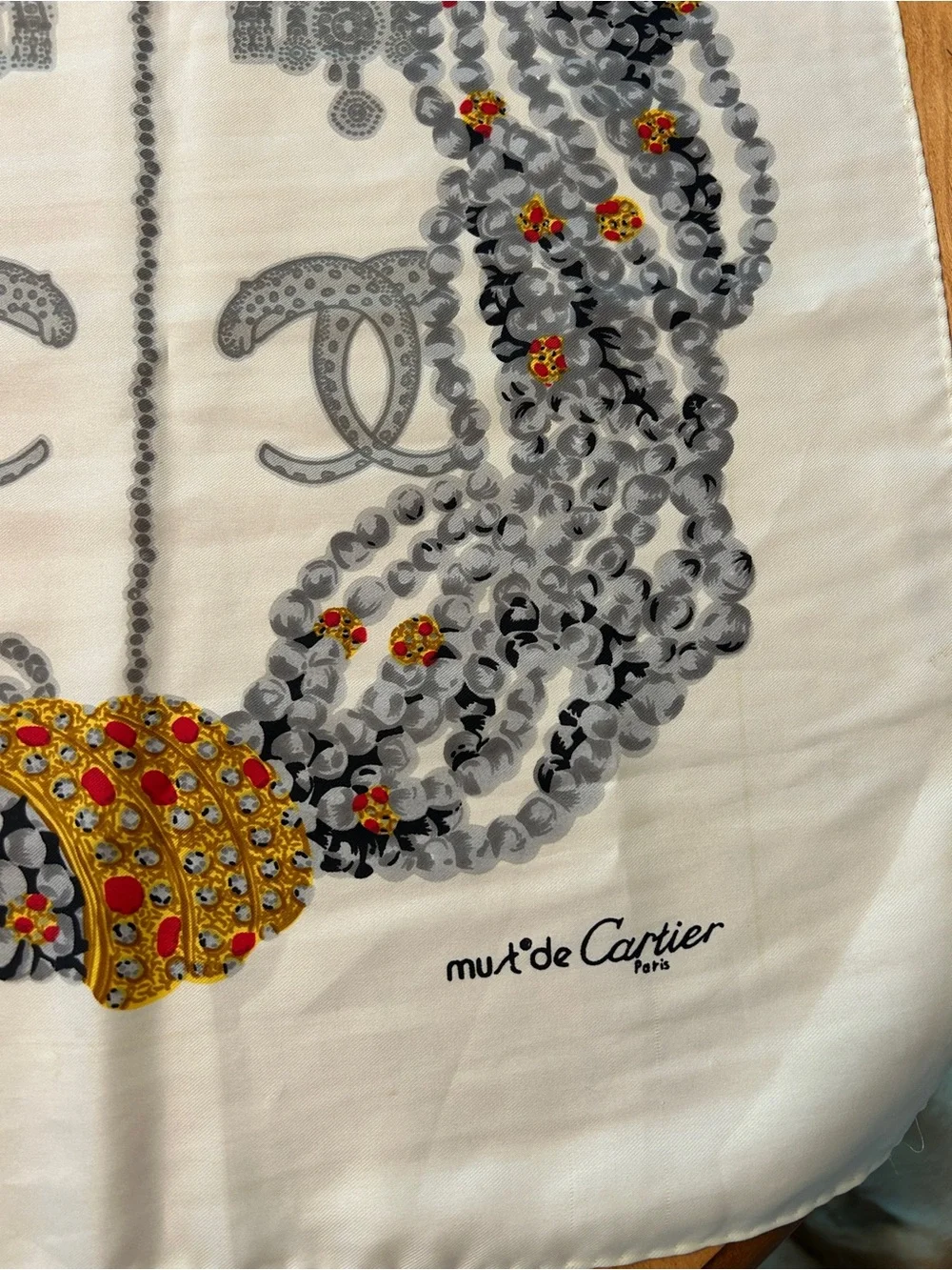 Cartier Off White Silk Scarf with Red, Gold & Gray Accents
